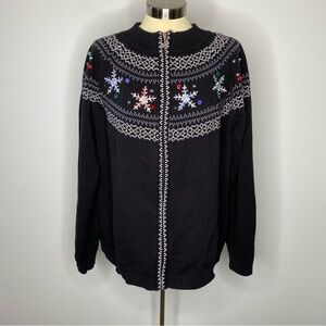 CJ Banks Snowflake Embroidered Zip Front Cardigan Sweater